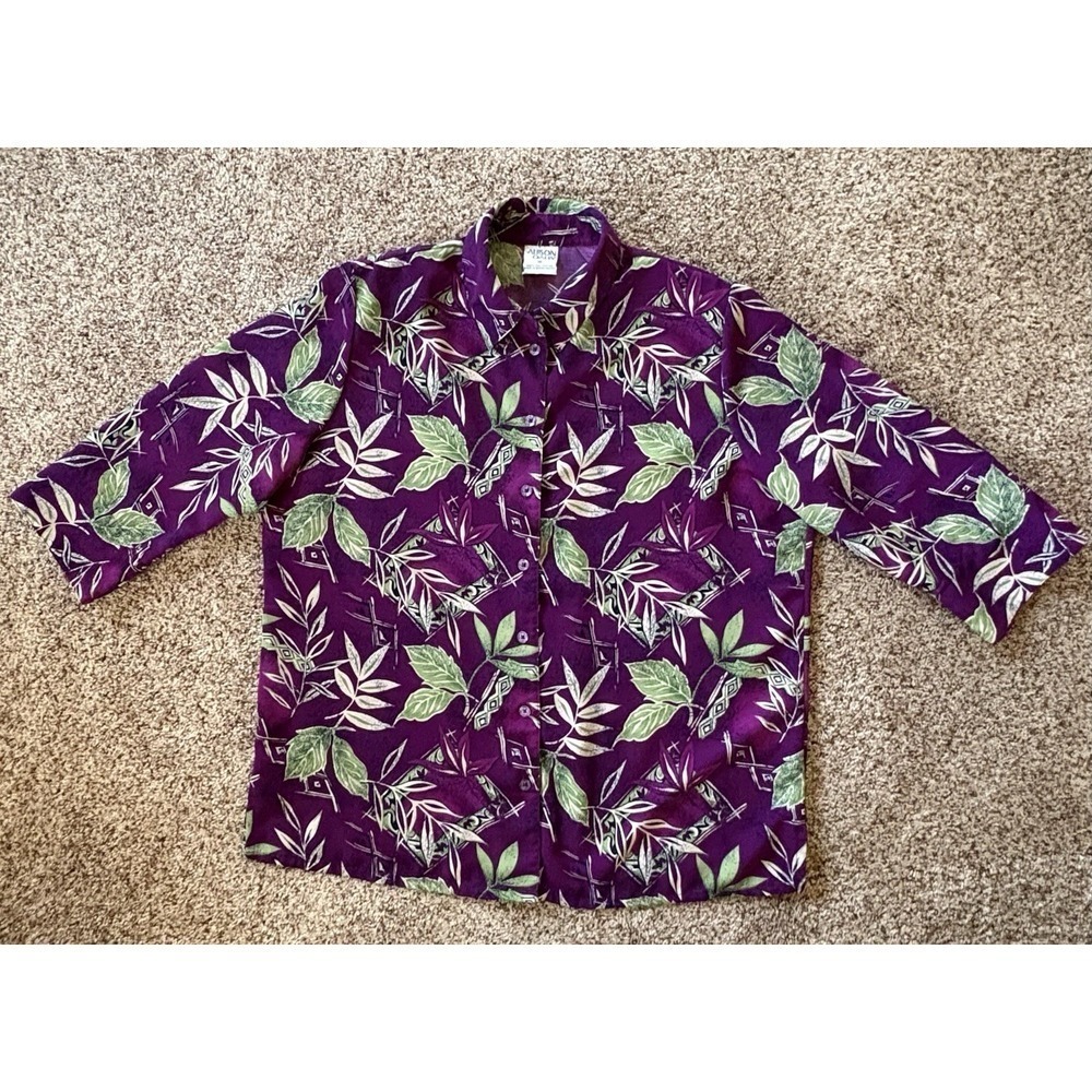 Vintage Allison Daley Purple Tropical Button Front Blouse Size 16 Shoulder Pads